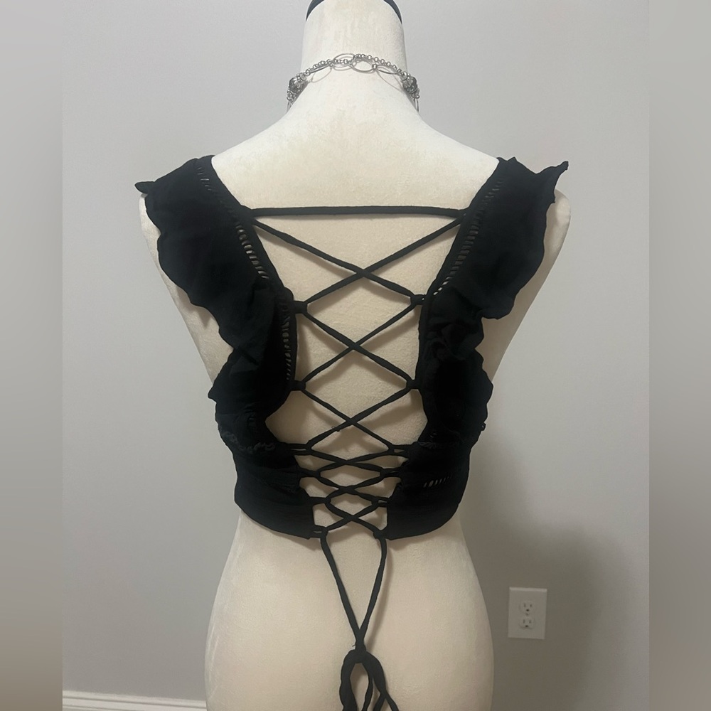 Free People Black Lace-Up Ruffle-Trim Crop Top